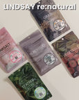 Lindsay Re:natural pouch range - cutting the pouch open, applying the mask and the moisture-coated result after 20 minutes
